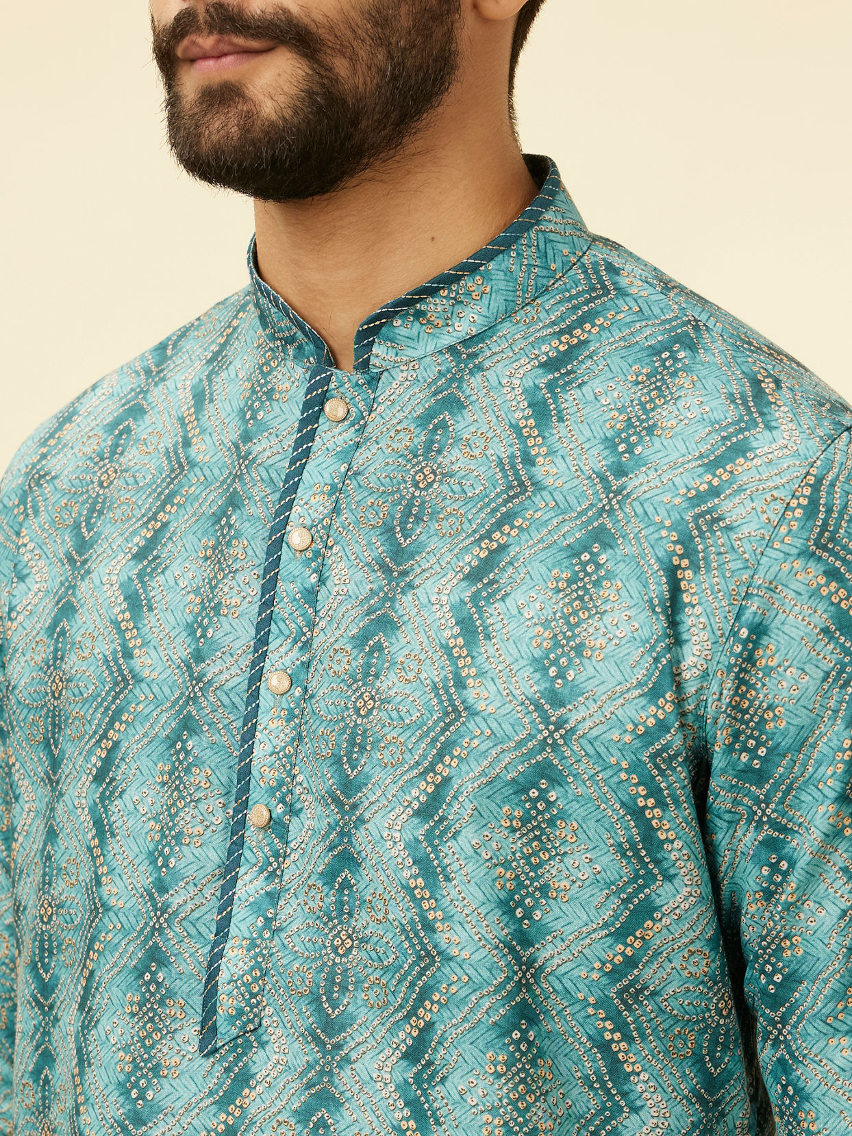 alt message - Manyavar Men Turquoise Geometric Floral Printed Kurta image number 1