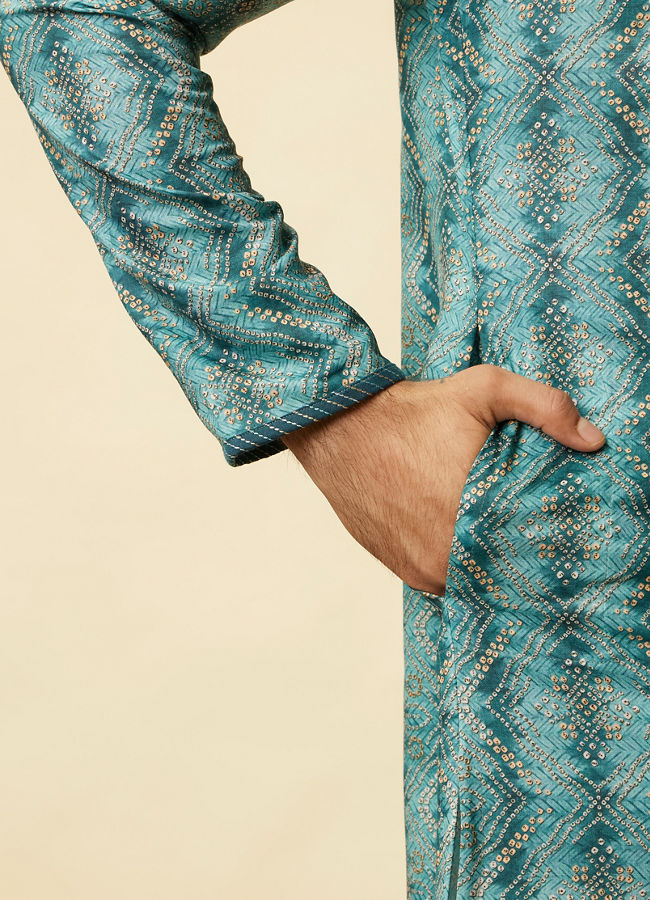 alt message - Manyavar Men Turquoise Geometric Floral Printed Kurta image number 3