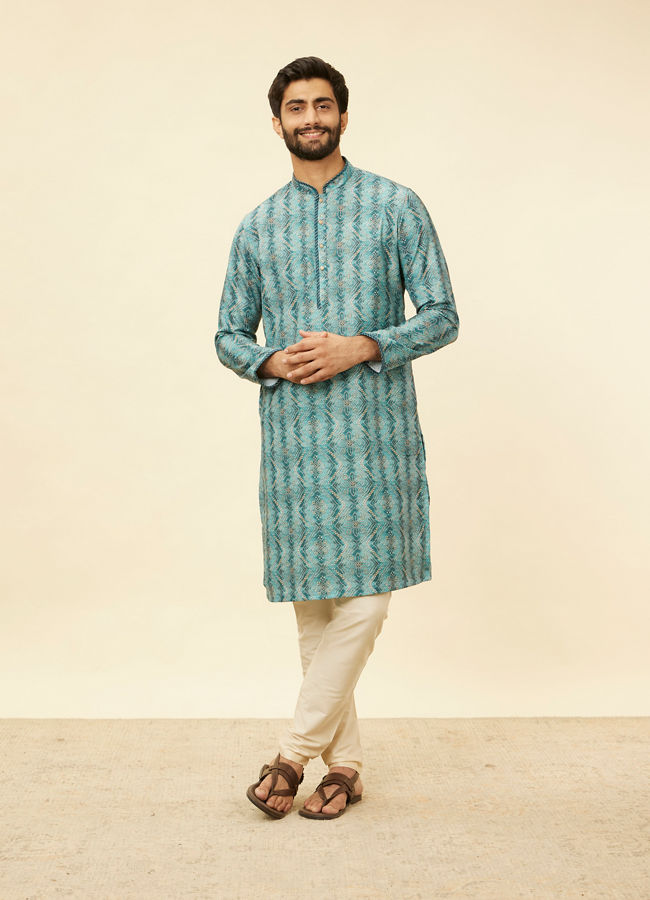 Manyavar Men Turquoise Geometric Floral Printed Kurta