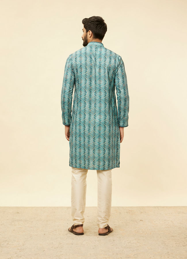 Manyavar Men Turquoise Geometric Floral Printed Kurta