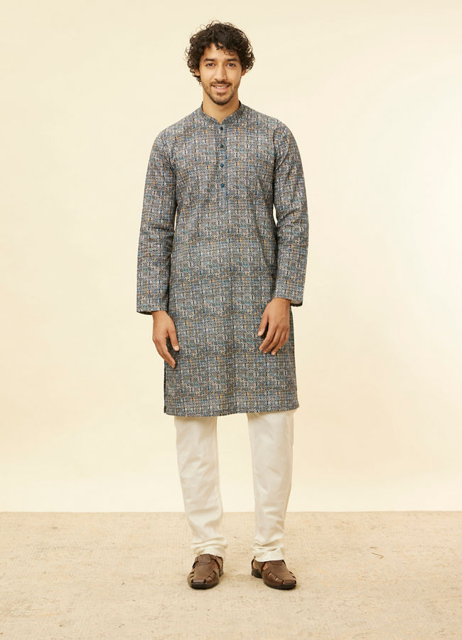 Manyavar Men Imperial Blue Medallion Printed Kurta