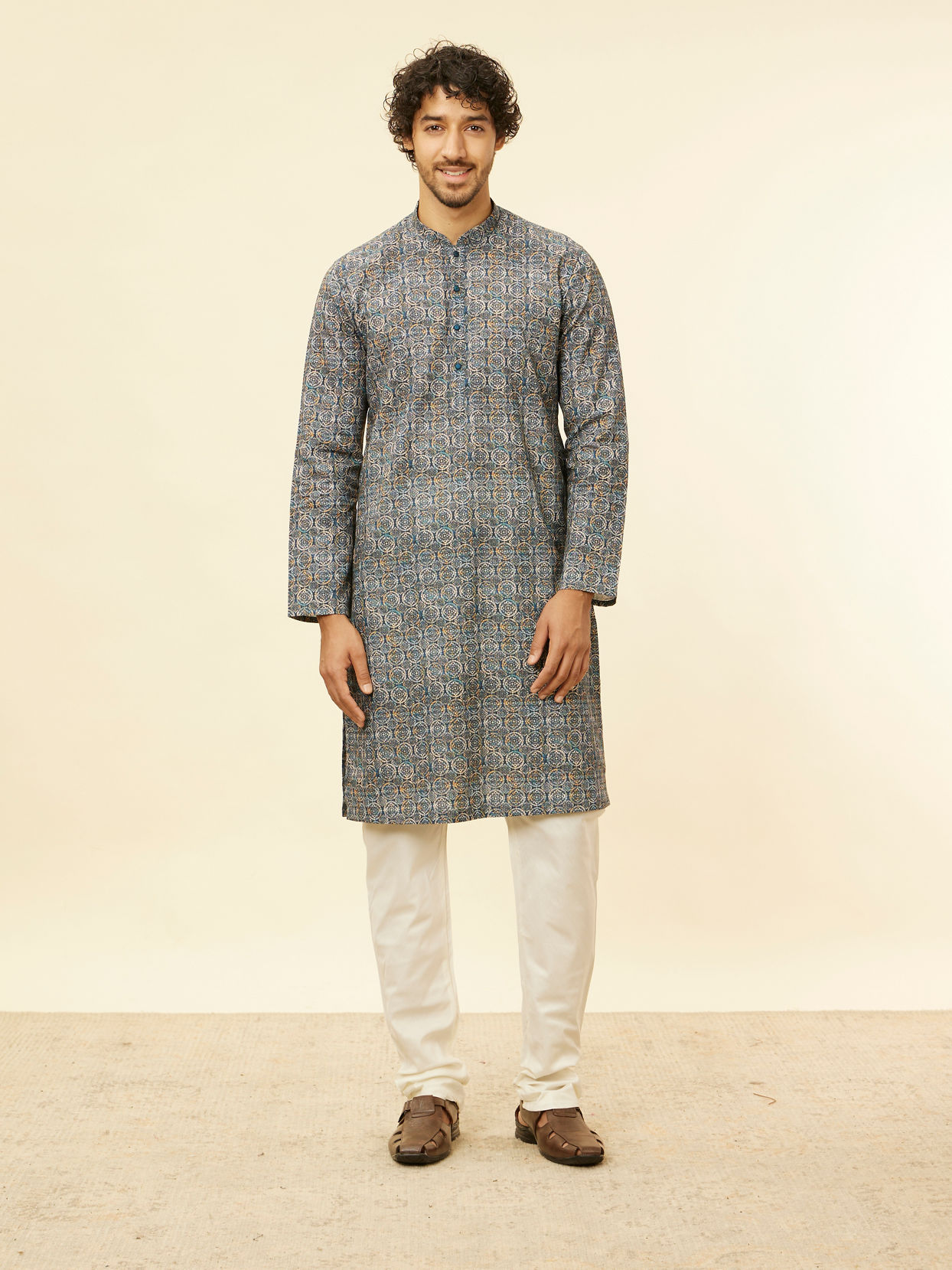 Manyavar Men Imperial Blue Medallion Printed Kurta