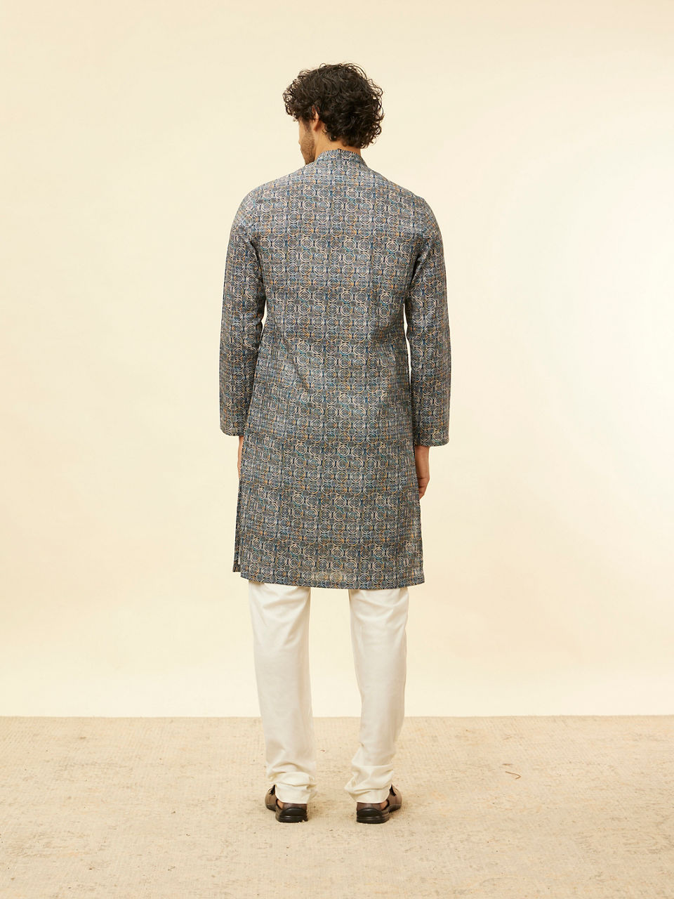 Manyavar Men Imperial Blue Medallion Printed Kurta