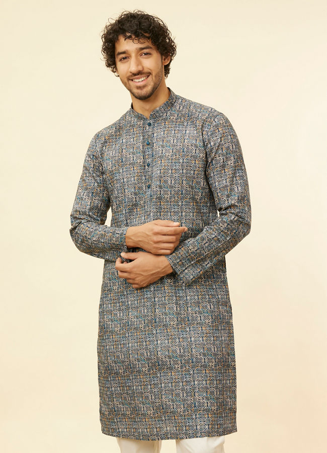 alt message - Manyavar Men Imperial Blue Medallion Printed Kurta image number 0