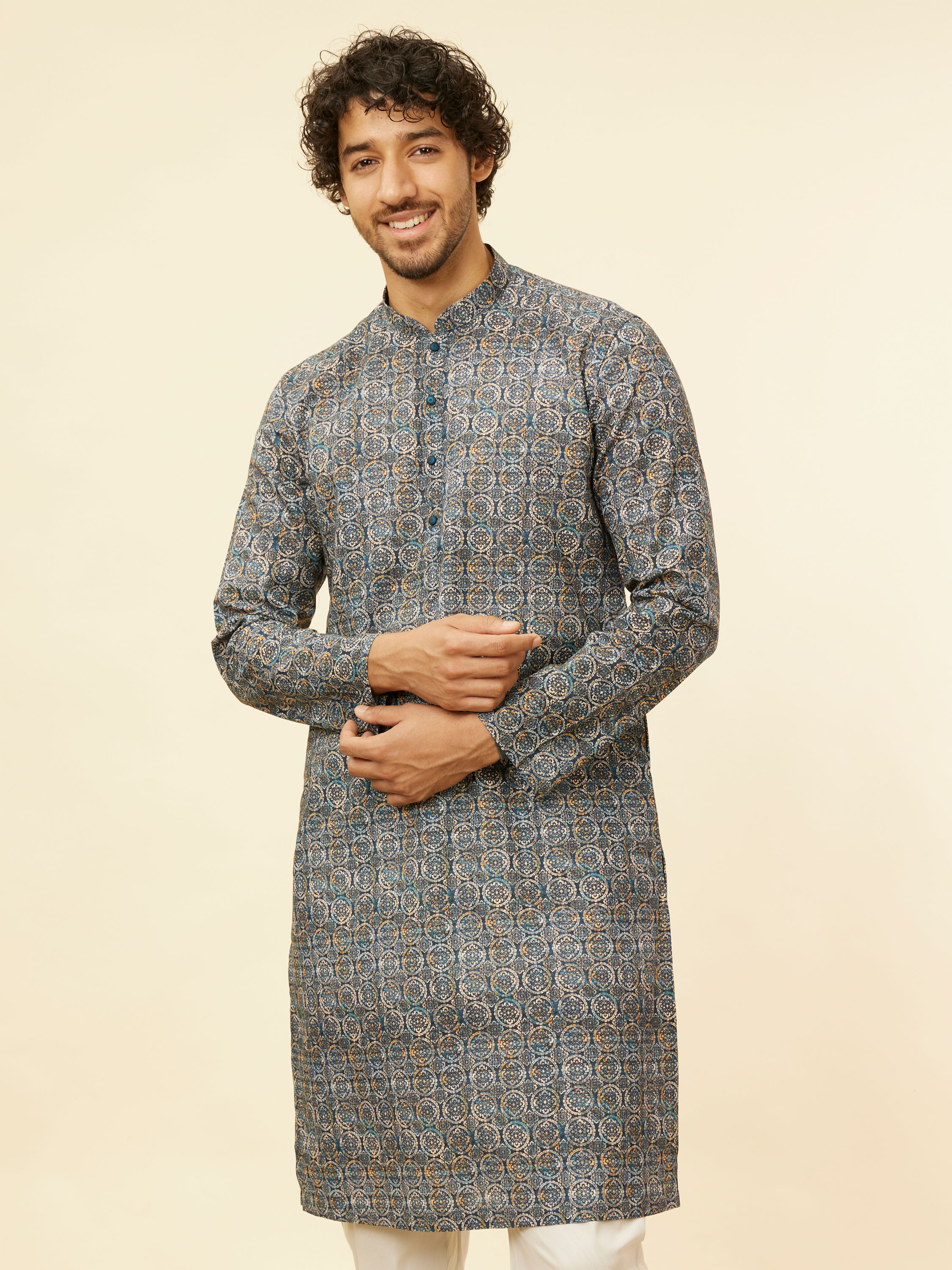 Manyavar Men Imperial Blue Medallion Printed Kurta