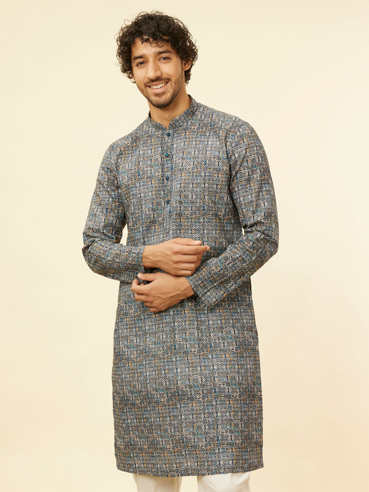 alt message - Manyavar Men Imperial Blue Medallion Printed Kurta image number 0