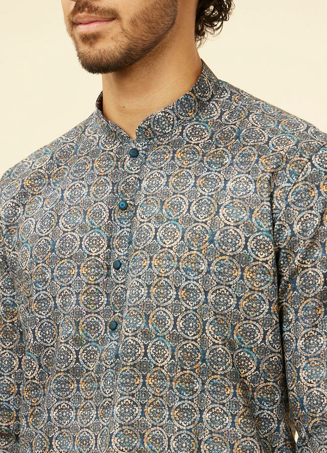 Manyavar Men Imperial Blue Medallion Printed Kurta