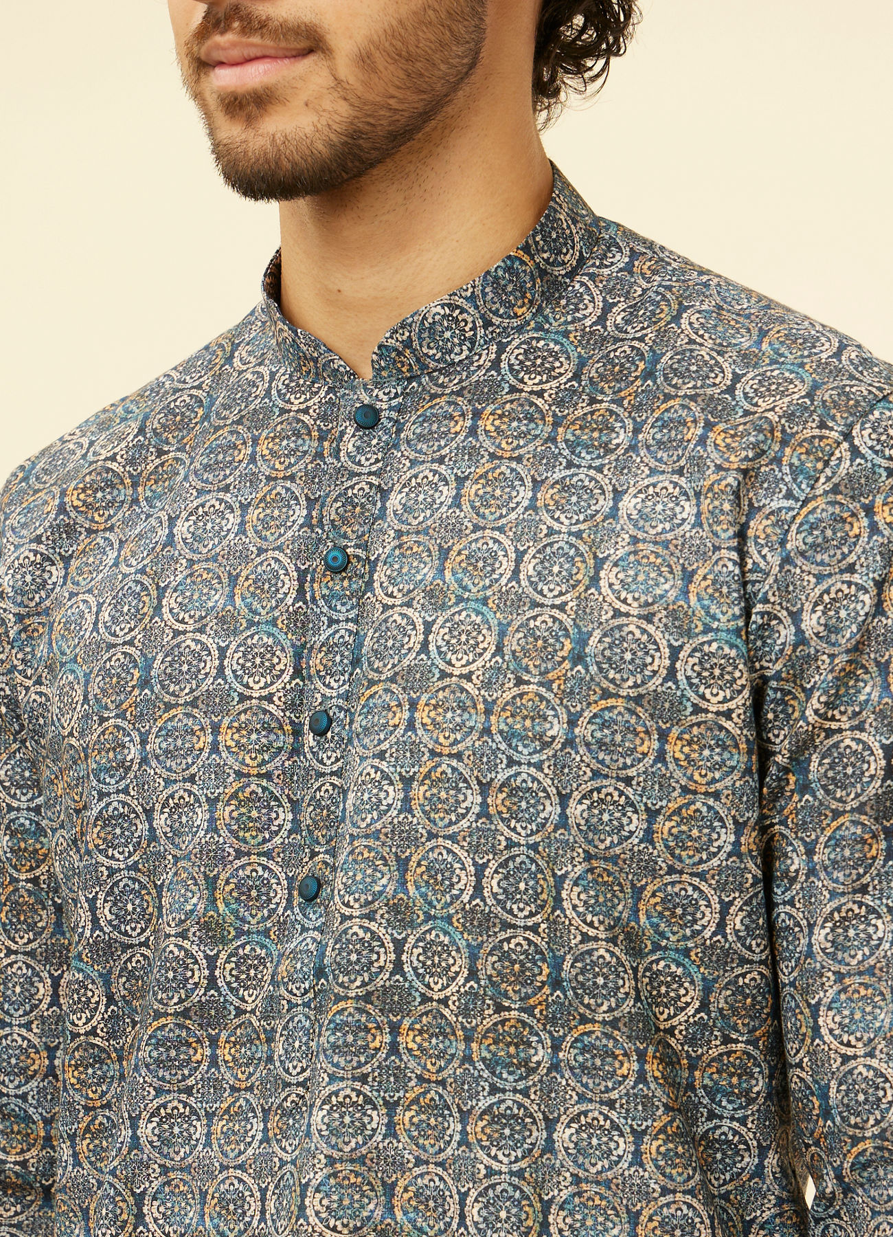 Manyavar Men Imperial Blue Medallion Printed Kurta