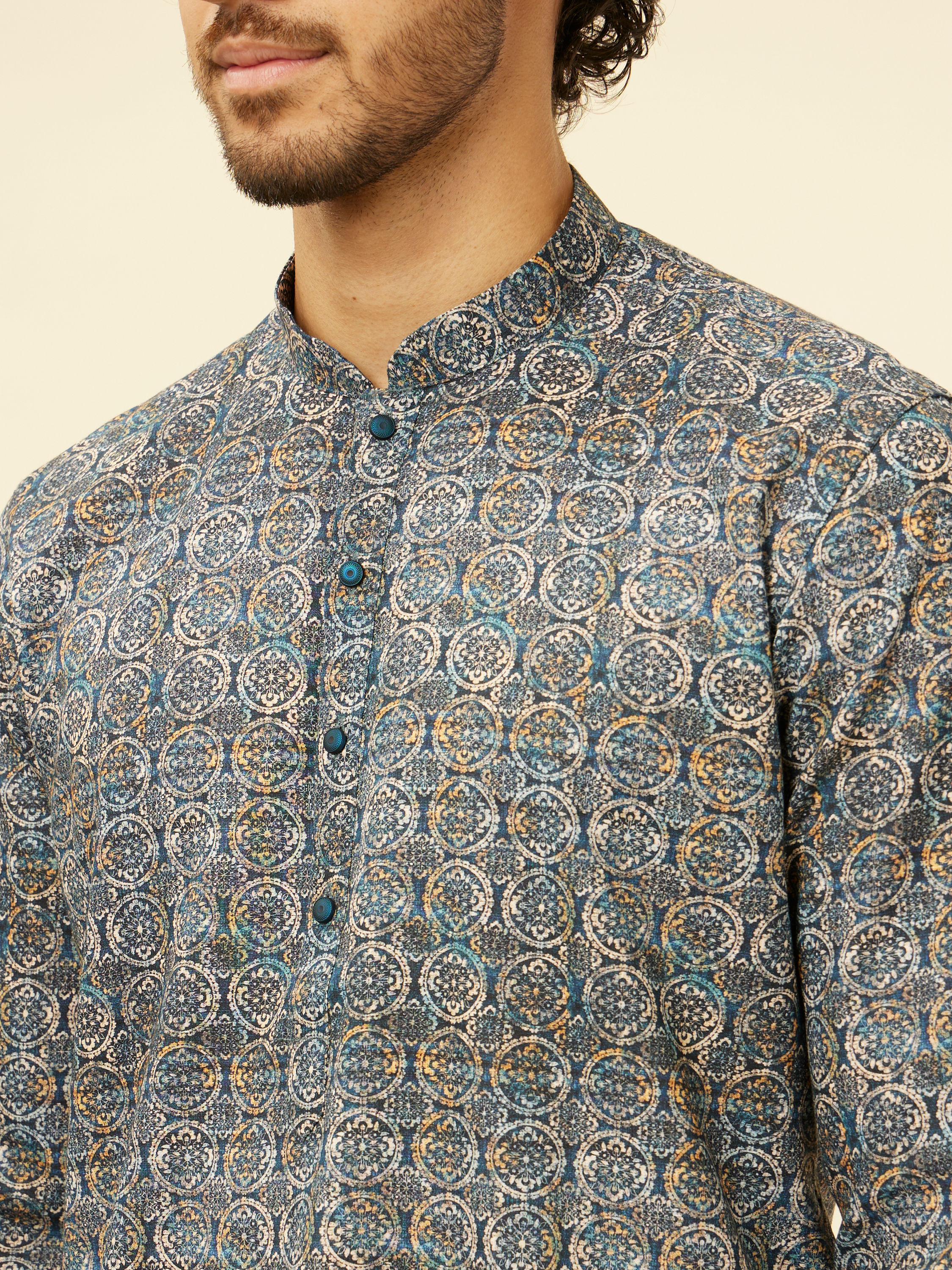 Manyavar Men Imperial Blue Medallion Printed Kurta