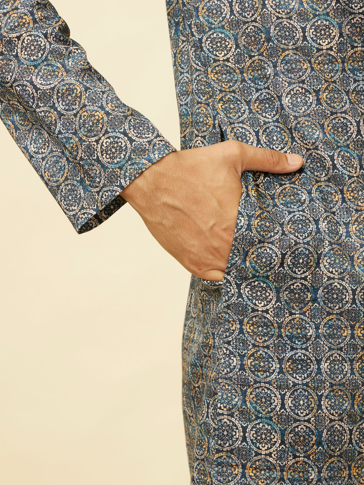 Manyavar Men Imperial Blue Medallion Printed Kurta