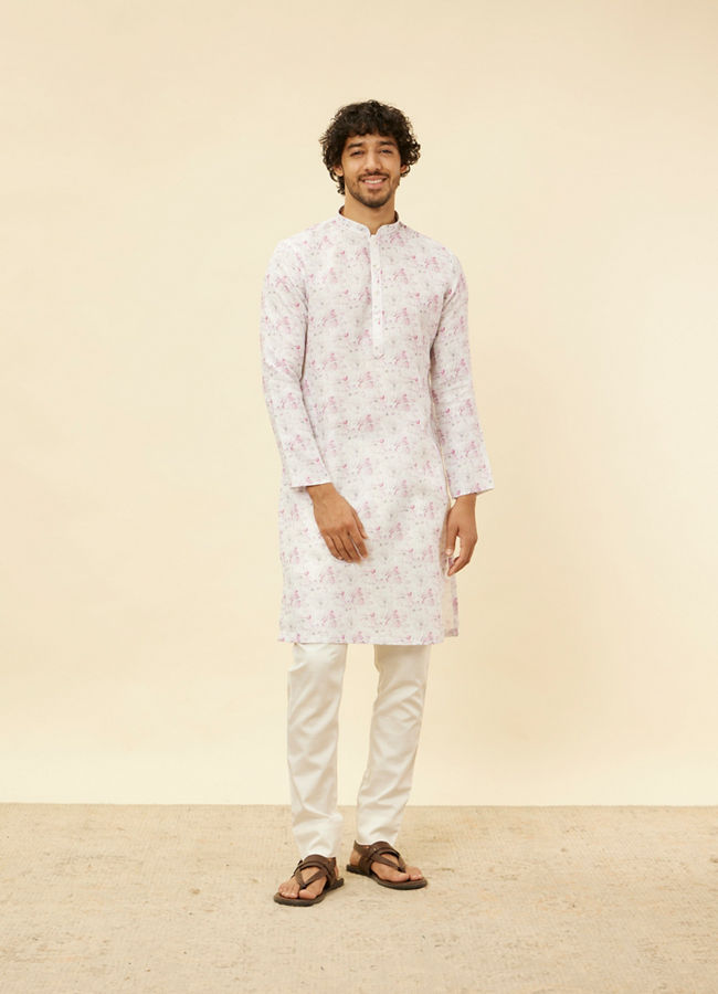 Manyavar Men Soft White Floral Printed Kurta