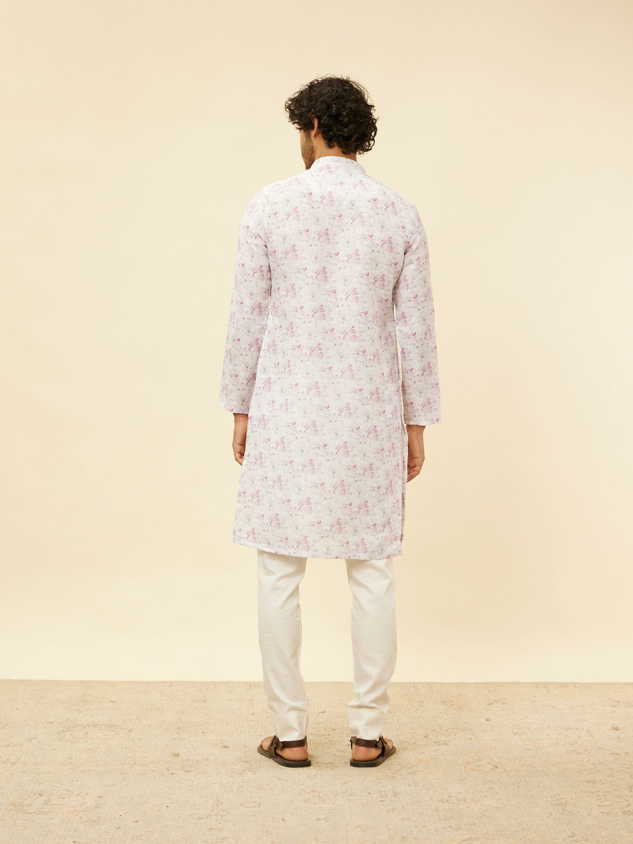 Manyavar Men Soft White Floral Printed Kurta