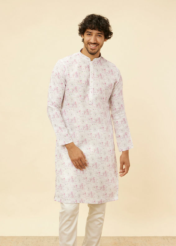 Manyavar Men Soft White Floral Printed Kurta
