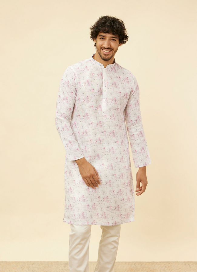 Manyavar Men Soft White Floral Printed Kurta