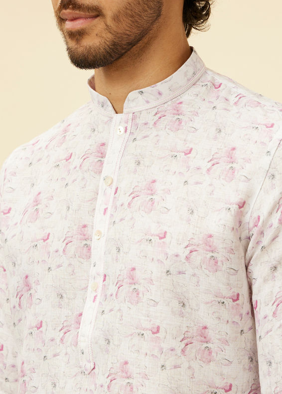 Manyavar Men Soft White Floral Printed Kurta