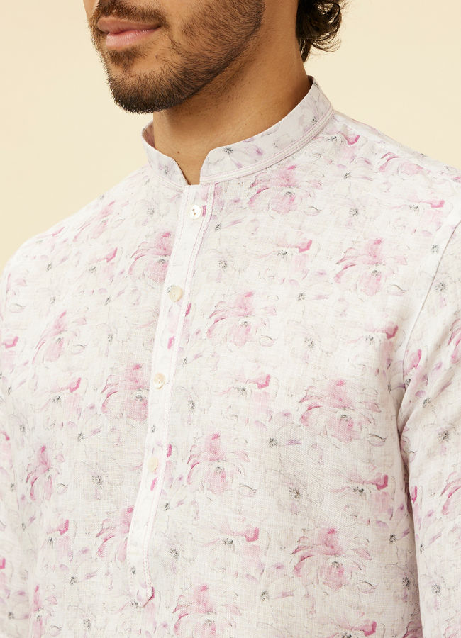 Manyavar Men Soft White Floral Printed Kurta