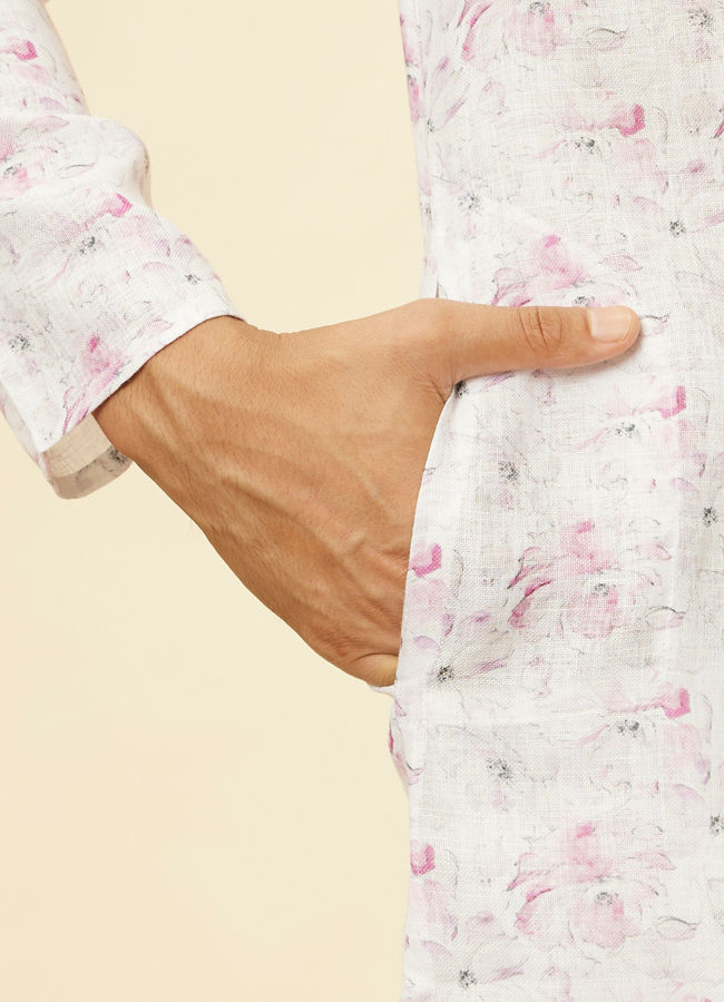 Manyavar Men Soft White Floral Printed Kurta