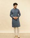 alt message - Manyavar Men Deep Blue Floral Buta Printed Kurta image number 2