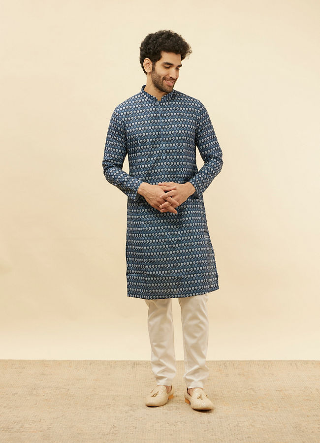 Manyavar Men Deep Blue Floral Buta Printed Kurta