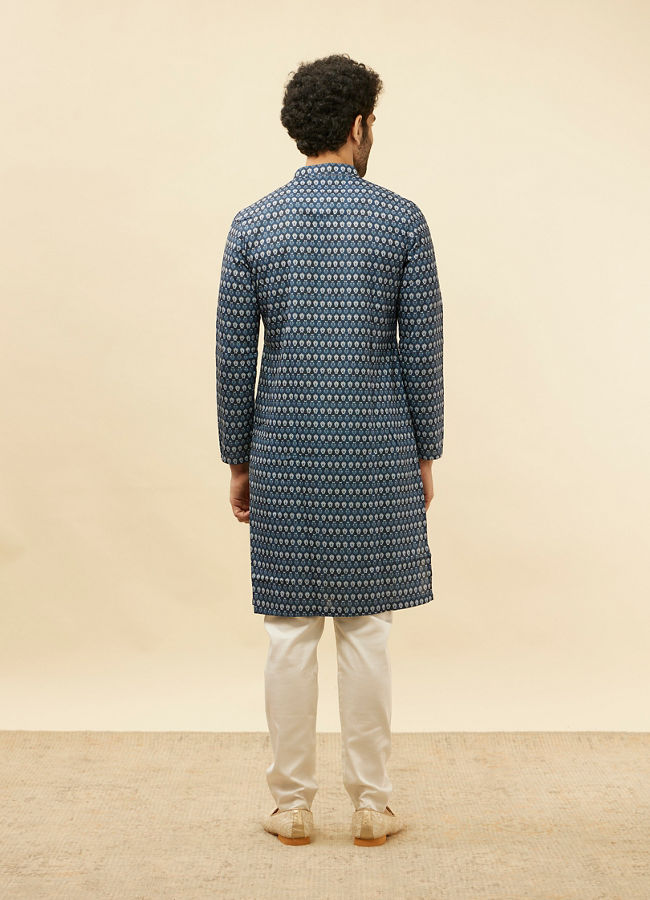 Manyavar Men Deep Blue Floral Buta Printed Kurta