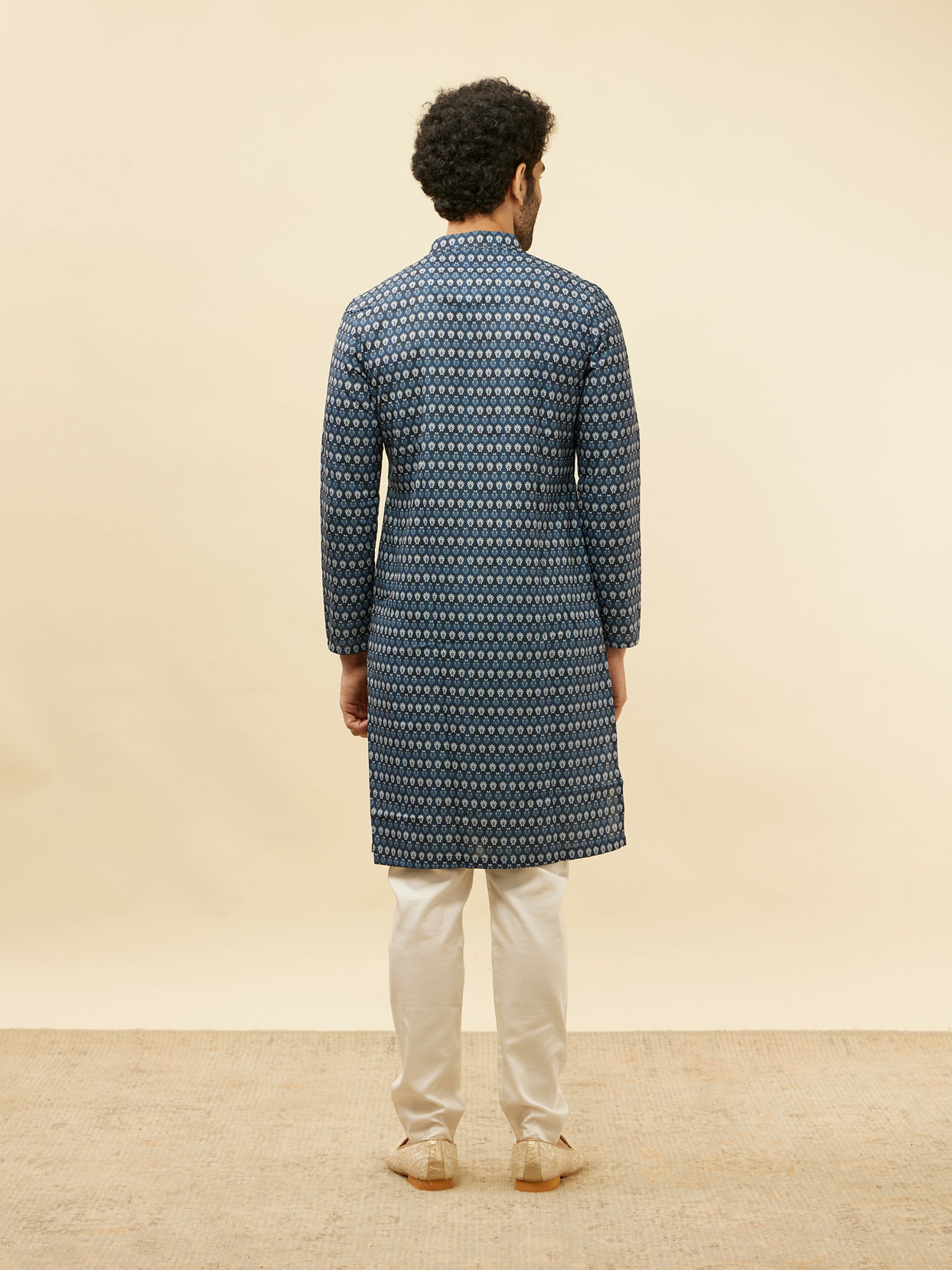 Manyavar Men Deep Blue Floral Buta Printed Kurta