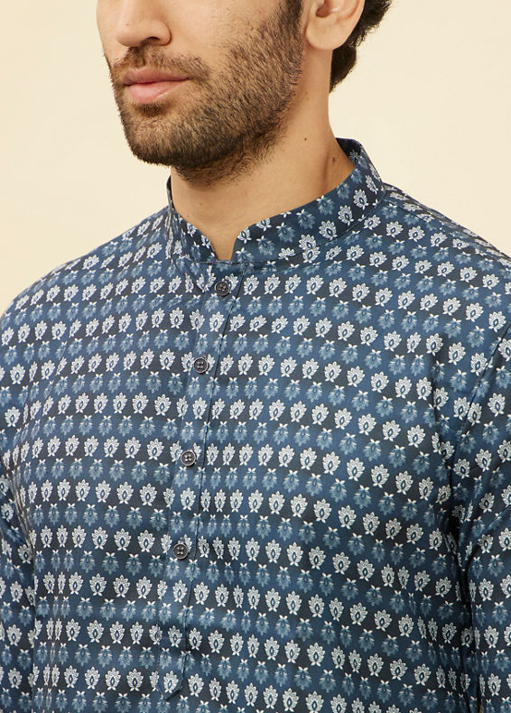 Manyavar Men Deep Blue Floral Buta Printed Kurta