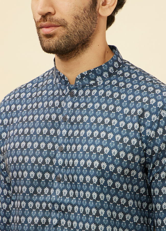 alt message - Manyavar Men Deep Blue Floral Buta Printed Kurta image number 1