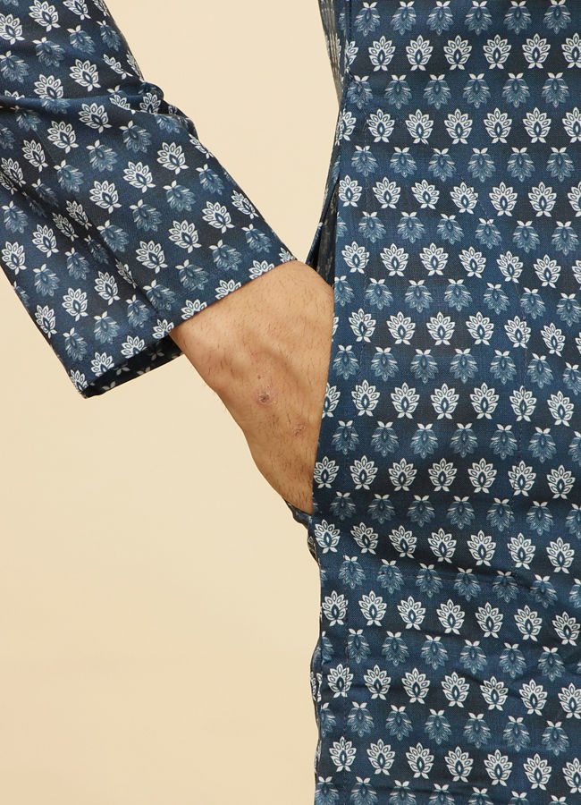 Manyavar Men Deep Blue Floral Buta Printed Kurta