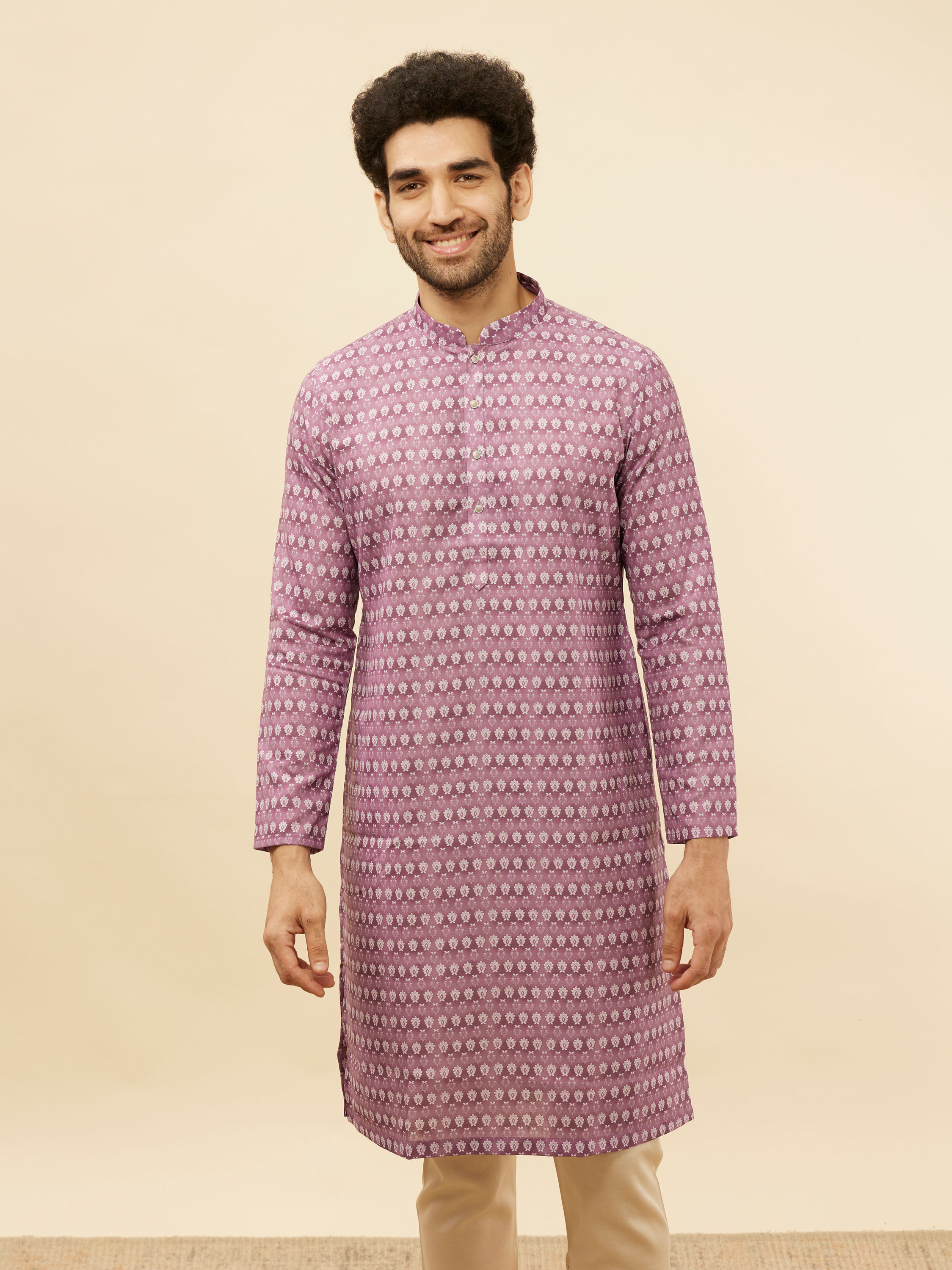 Manyavar Men Lilac Purple Floral Buta Printed Kurta