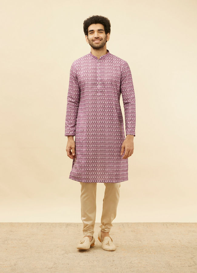 alt message - Manyavar Men Lilac Purple Floral Buta Printed Kurta image number 2