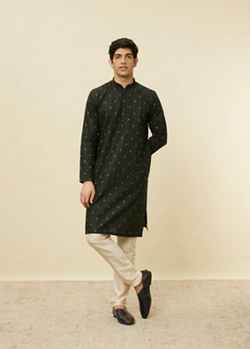 alt message - Manyavar Men Timber Green Buta Printed Kurta image number 2