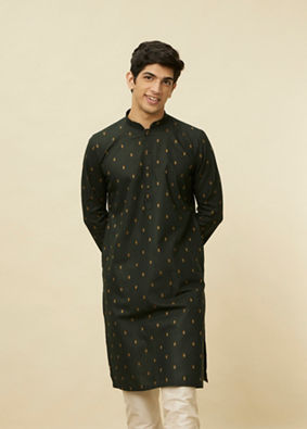 alt message - Manyavar Men Timber Green Buta Printed Kurta image number 0