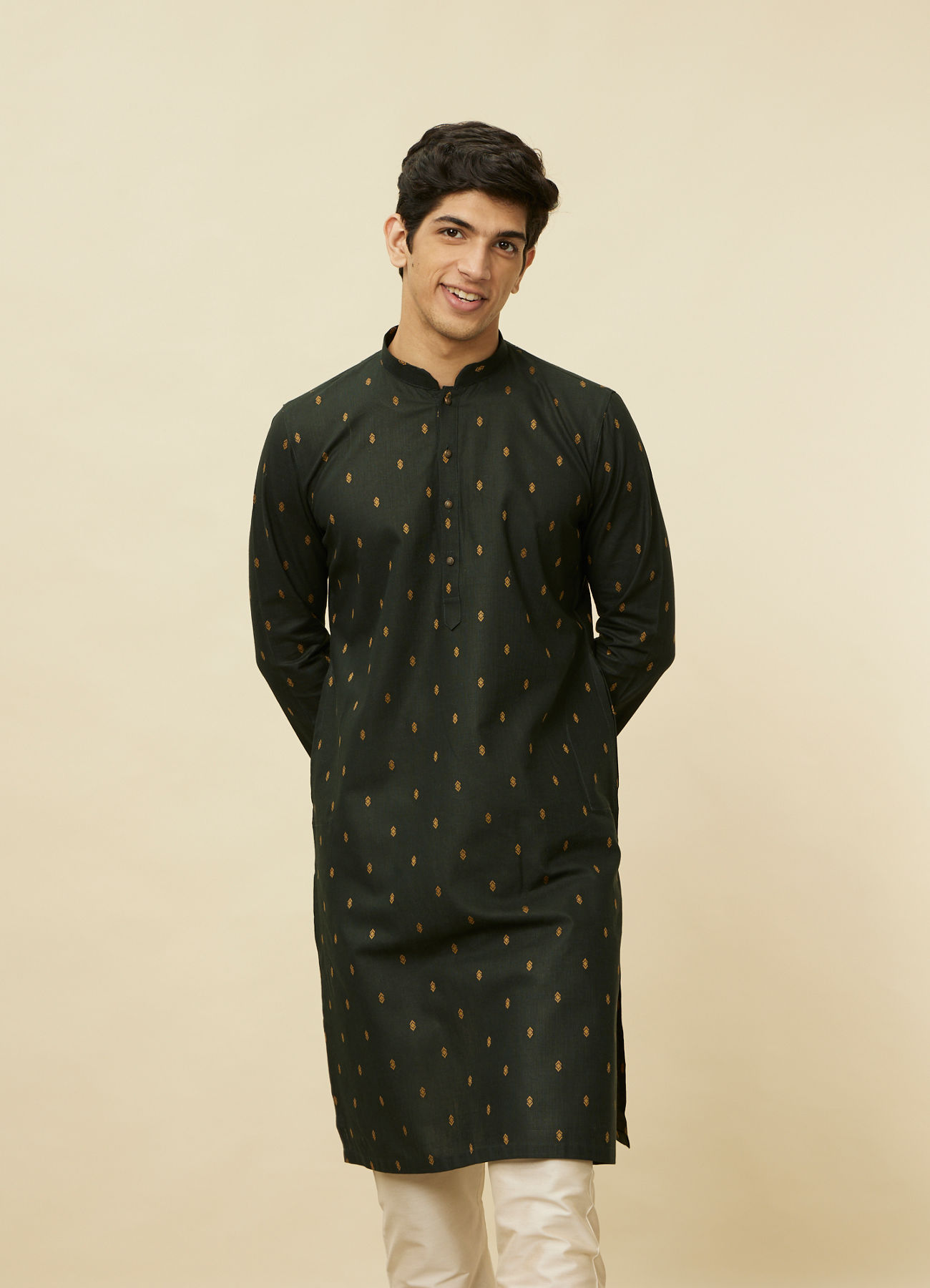 Manyavar Men Timber Green Buta Printed Kurta