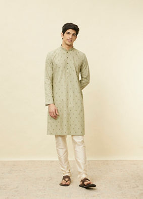 alt message - Manyavar Men Smoke Green Buta Printed Kurta image number 2