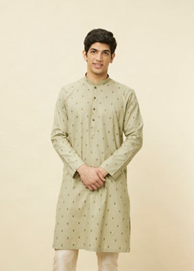 alt message - Manyavar Men Smoke Green Buta Printed Kurta image number 0