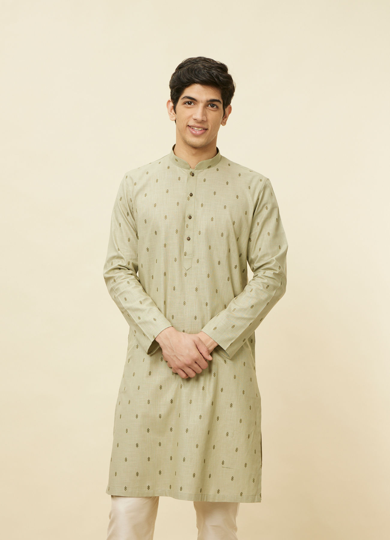 Manyavar Men Smoke Green Buta Printed Kurta