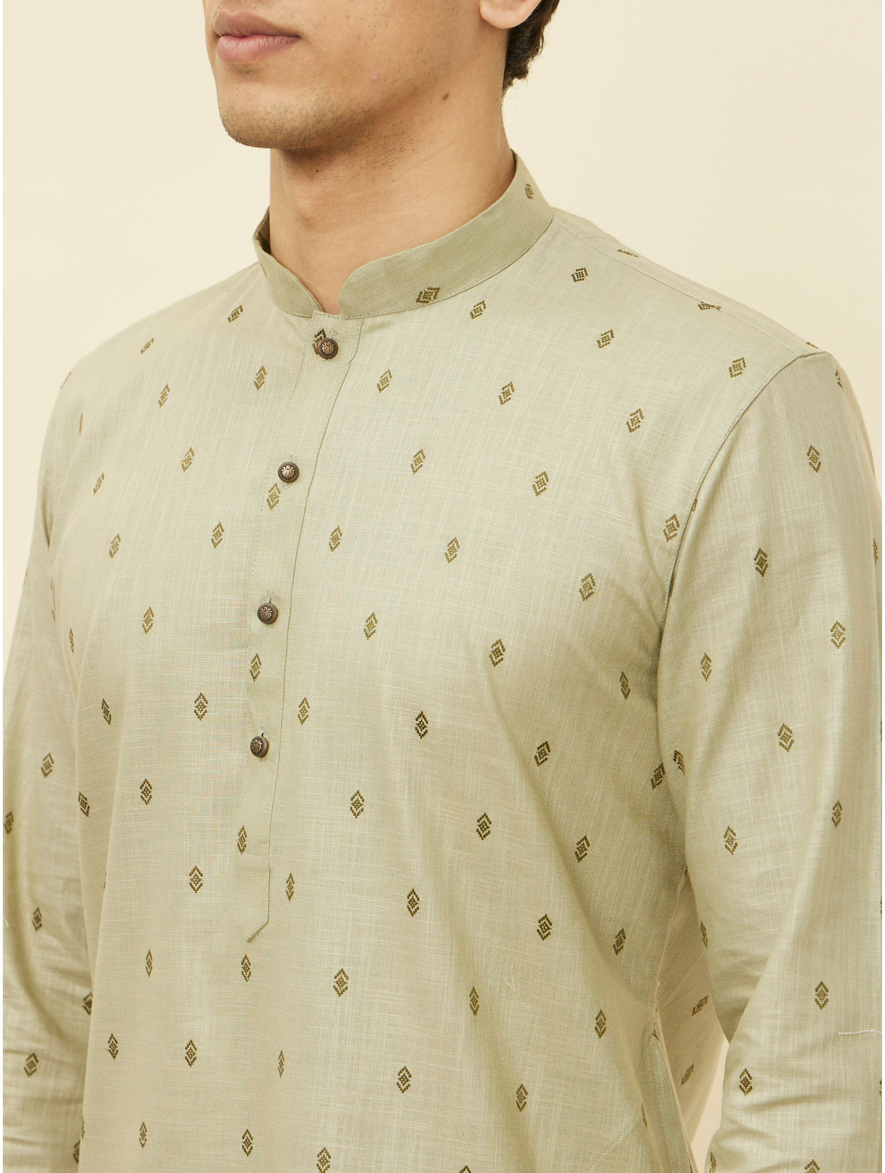 alt message - Manyavar Men Smoke Green Buta Printed Kurta image number 1