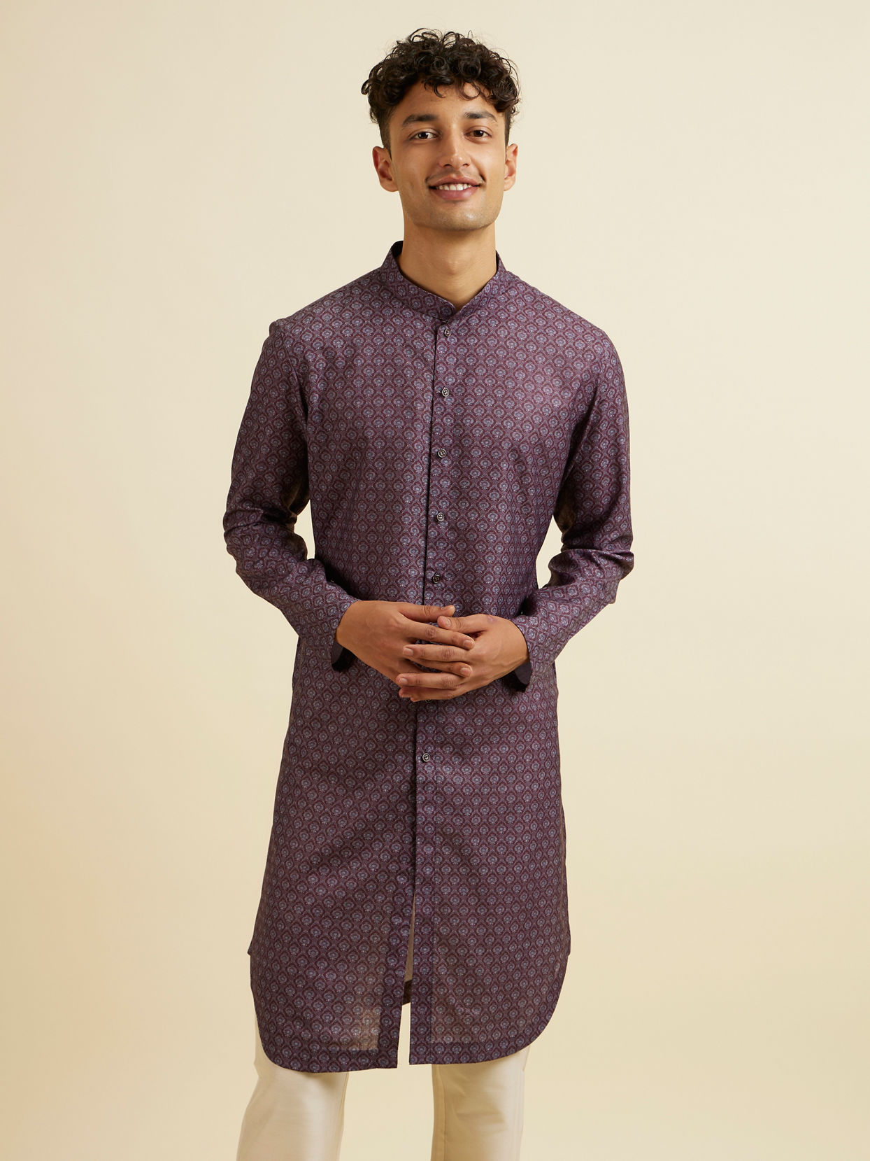 Manyavar Men Wine Buta Motif Printed Kurta