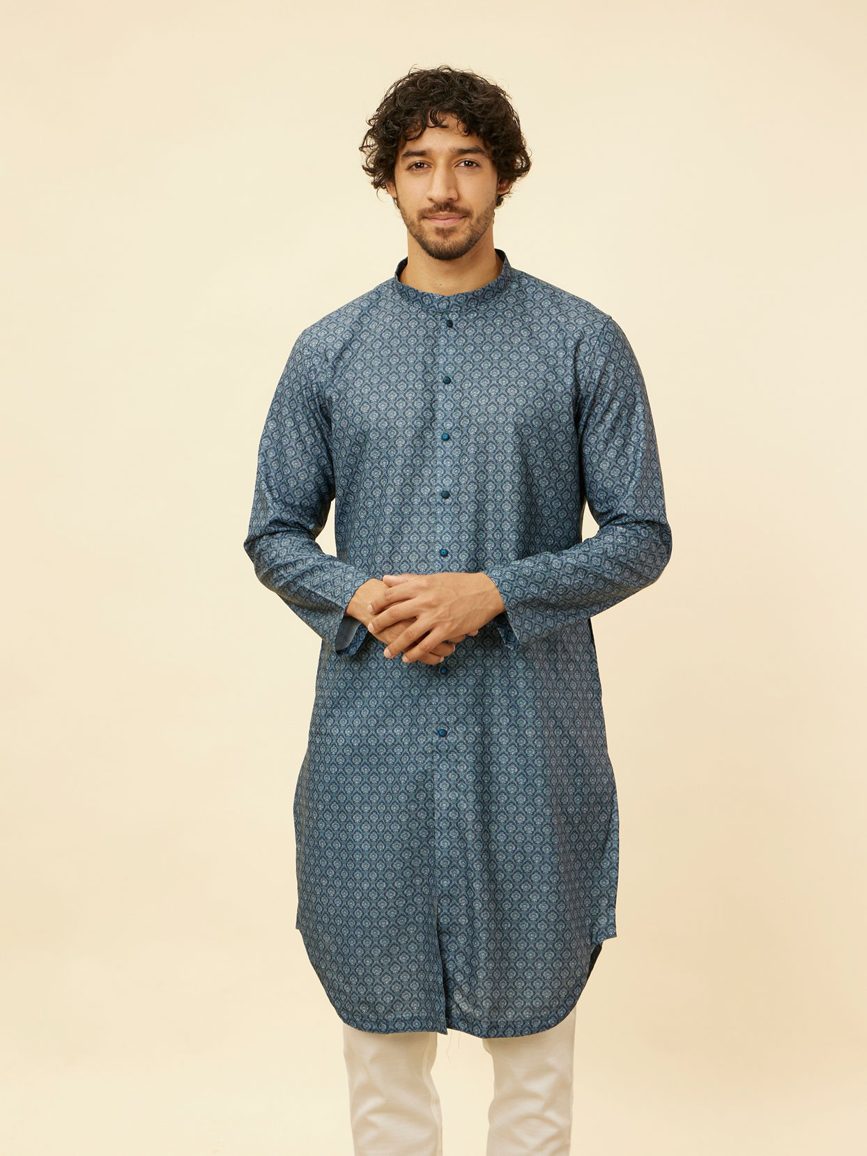 Manyavar Men Azure Blue Buta Motif Printed Kurta
