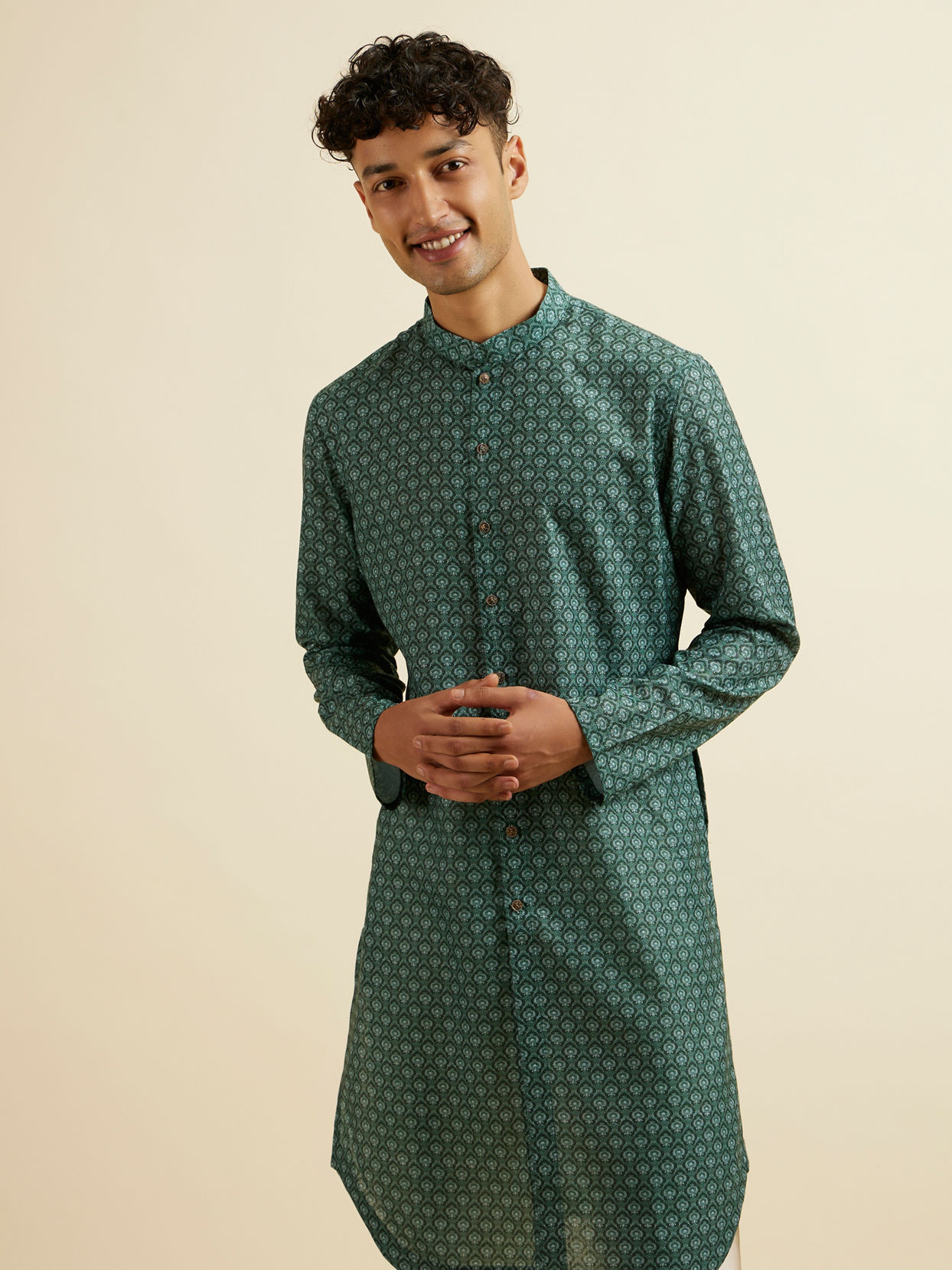 Manyavar Men Olive Green Buta Motif Printed Kurta