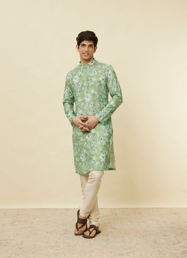 alt message - Manyavar Men Sage Green Floral Printed Kurta image number 2