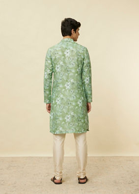 alt message - Manyavar Men Sage Green Floral Printed Kurta image number 4