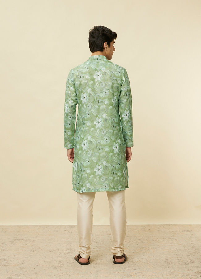 Manyavar Men Sage Green Floral Printed Kurta