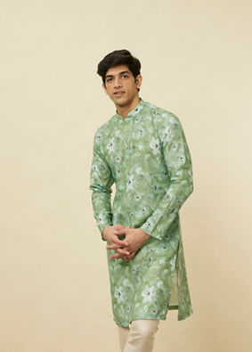 alt message - Manyavar Men Sage Green Floral Printed Kurta image number 0