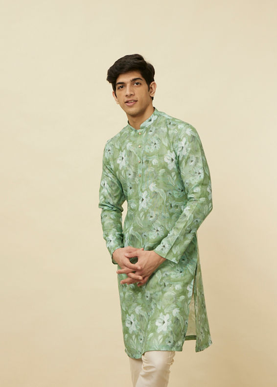 Manyavar Men Sage Green Floral Printed Kurta