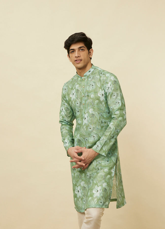 alt message - Manyavar Men Sage Green Floral Printed Kurta image number 0