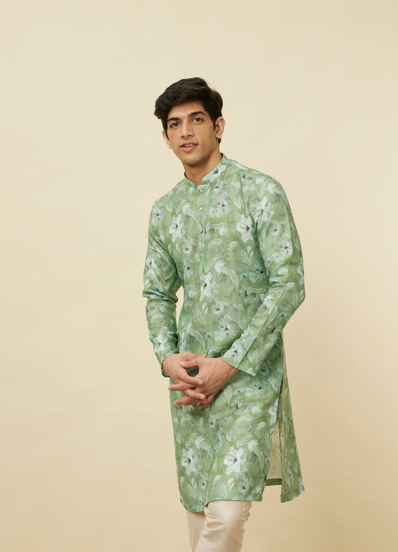 Manyavar Men Sage Green Floral Printed Kurta