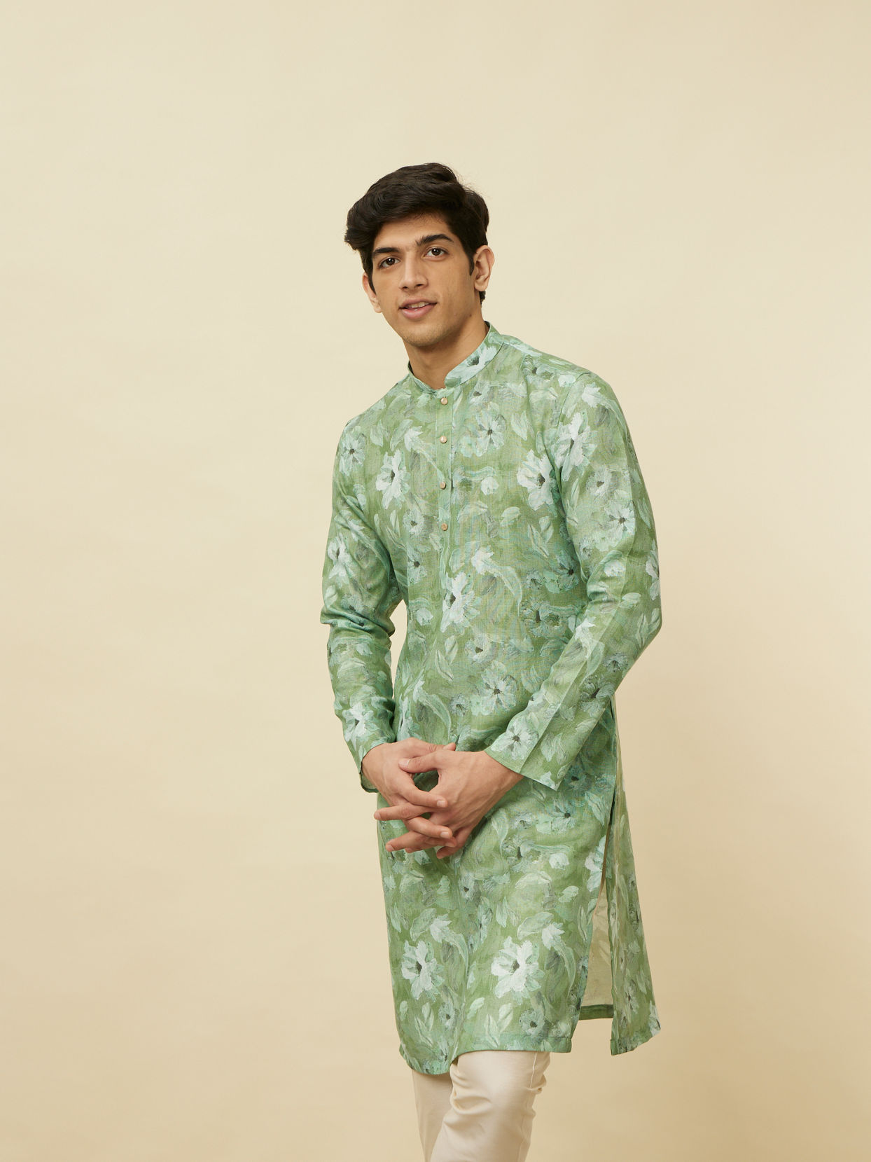 alt message - Manyavar Men Sage Green Floral Printed Kurta image number 0