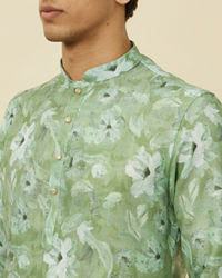 Manyavar Men Sage Green Floral Printed Kurta