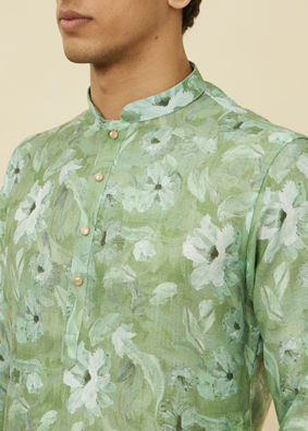 alt message - Manyavar Men Sage Green Floral Printed Kurta image number 1